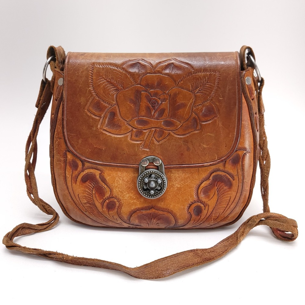 Vintage‎ Tooled Leather Handbag Mexico Bucket Purse  Boho  Southwestern Rose